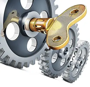 Mirror Reflection Image Drucke: high resolution 3D rendering of gears and a key