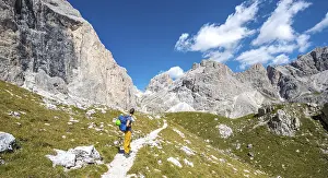 Dolomites South Tyrol Italy Drucke: Hiker at the Rosengarten-Group Conversion