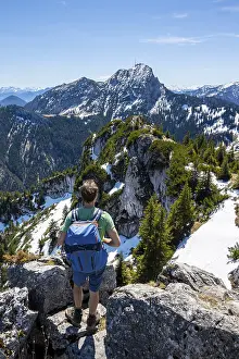 Upper Bavaria Leisure Activity Drucke: Hiker on the summit of Breitenstein