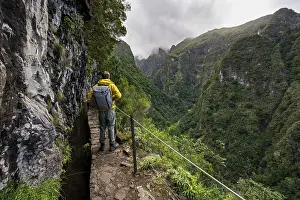 Young Adult Hiker Drucke: Hikers on a narrow path along a levada