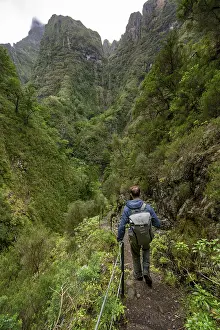 Portugal Hiking Trails Drucke: Hikers on a narrow path along a levada