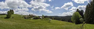 Deserted Countryside In Europe Drucke: Hilly landscape with meadows and forest