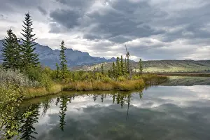 Hilly Landscape Drucke: Hilly landscape, trees reflected in a lake