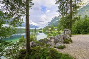 Uninhabited Waterfront In Germany Drucke: Hintersee with rocks and trees in the foreground