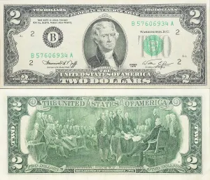 Studio Shot Of Currency Drucke: Historic banknote, two US dollars