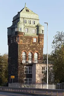 Rhine River Germany Drucke: Historic bridge tower of the Friedrich Ebert Bridge