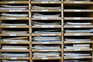 Vintage Office Setup Drucke: Historic drawer office system without computer old folder system