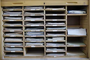 Antique Office Furniture Drucke: Historic drawer office system without computer old folder system