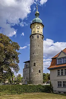 Central Europe Historical Site Drucke: Historic tower with clock under blue sky and clouds