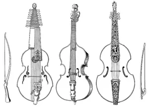 Historical drawing, various stringed instruments