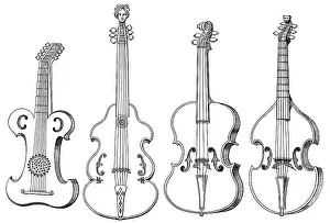 Historical drawing, various stringed instruments