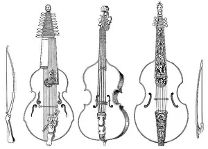 Historisches Zeichnen, verschiedene Saiteninstrumente.