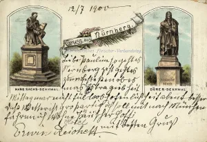 Drucke von Nürnberger Historische Denkmäler, Hans-Sachs-Denkmal (links) und Albrecht-Dürer-Denkmal (rechts), Nürnberg, Mittelfranken, Bayern, Deutschland Hans Sachs Drucke: Historische Denkmäler in Nürnberg