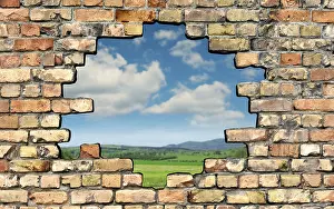 Scottish Countryside Scenery Drucke: A hole in brick wall with a view of the outside