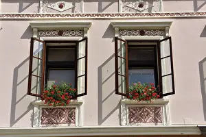 Slowenien Drucke: Fassade des Hauses mit Fenstern.
