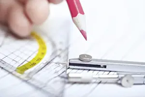 Empty Office Desk Supplies Drucke: Human hand drawing engineering scheme with red pencil