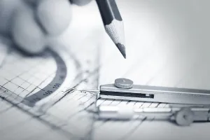 Cardinal Direction Compass Drucke: Human hand drawing engineering scheme with red pencil