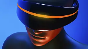 Artificial Intelligence Concept Drucke: A humanoid wearing virtual goggles experiences an augmented world filled with artificial intelligence