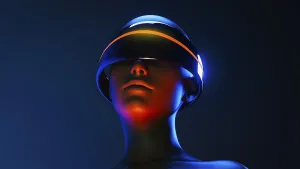 Artificial Intelligence Drucke: A humanoid wearing virtual goggles experiences an augmented world filled with artificial intelligence