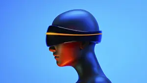Artificial Intelligence Drucke: A humanoid wearing virtual goggles experiences an augmented world filled with artificial intelligence