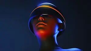 Artificial Intelligence Drucke: A humanoid wearing virtual goggles experiences an augmented world filled with artificial intelligence