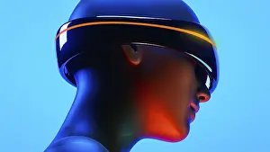 Artificial Intelligence Drucke: A humanoid wearing virtual goggles experiences an augmented world filled with artificial intelligence