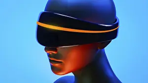 Artificial Intelligence Technology Drucke: A humanoid wearing virtual goggles experiences an augmented world filled with artificial intelligence