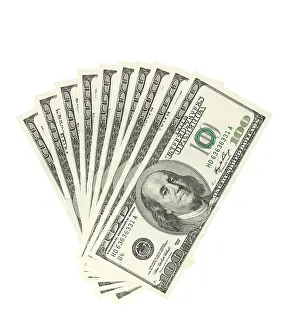 US Dollar Note Isolated Drucke: Hundreds of dollars spread on white background