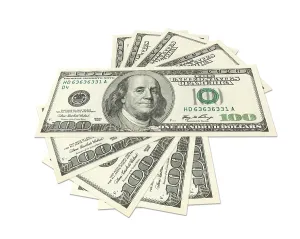 Means Of Payment Image Drucke: Hundreds of dollars spread on white background