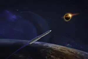 Astronomy Images Drucke: Hypersonic missile or rocket over the apocalyptic Earth during a solar eclipse