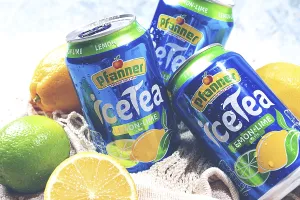 Tropical Fruit Drink Drucke: Iced tea with lemon and lime, in cans