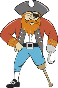 Drucke von Illustration einer Piratencapitän mit einem Holzbein, der von vorne gesehen wird und auf einem isolierten weißen Hintergrund steht, in Cartoon-Stil Comic-Bücher Drucke: Illustration einer Piratencapitän Hook