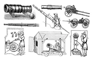 Black And White Vintage Illustration Drucke: Illustrations of various types of weapons of the oldest artillery