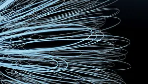 Abstract Pattern Design Drucke: This image features a 3D render of intertwining light strands in a fluorescent blue hue against a dark background