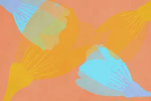 Drucke von Ein Hauch von Eleganz: Muted Pastellfarben in sanften Übergängen, die sich auf einem warmen Pfirsichhintergrund überlappen und zu einer ruhigen, künstlerischen Landschaft werden lassen Minimalistische Kunstwerke Drucke: Abstrakte botanische Illustrationen in pastellfarben auf einem weichen, rosa Hintergrund.