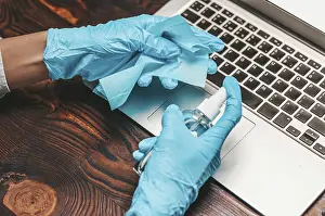 Blue Gloved Hands Drucke: Image of hands in blue gloves with microfiber and cleaning agent