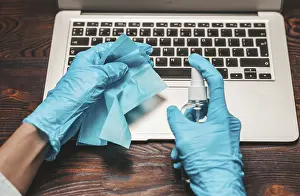 Cleaning Supplies Drucke: Image of hands in blue gloves with microfiber and cleaning agent