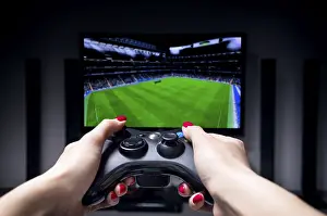 Esports Concept Drucke: The image of the joystick on the background of the TV screen