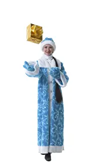 Gift Box Drucke: Image of nice Snow Maiden posing with gift box in studio