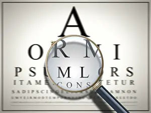 Magnifying Glass Image Drucke: An image of a sharp unsharp test with a magnifying glass