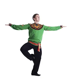 White Background Dance Drucke: Image of smiling folk dancer posing in studio