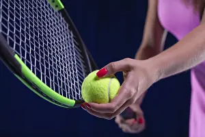 Sports Concept Image Drucke: Image of a tennis ball on the background of the strings of the racket