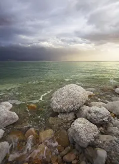 Saline Lake Landscape Photo Drucke: Improbable light effects during a thunder-storm on the Dead Sea