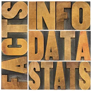 Vintage Letterpress Printing Blocks Drucke: Information, data, facts, stats word abstract - isolated text in vintage letterpress wood type printing blocks
