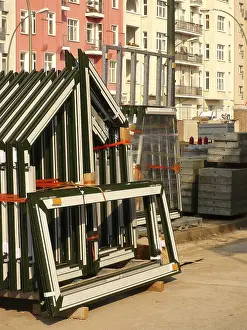 Deserted Construction Area Drucke: Insulating glass windows at a construction site ready for fitting