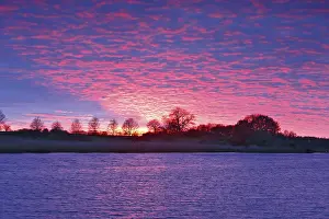 Peenetal Nature Park Scenery Drucke: Intense sunset with pink clouds over a river
