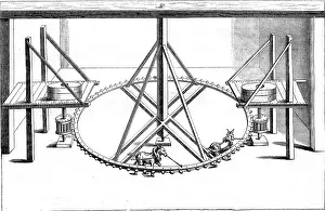 Antique Engraved Illustrations Drucke: Interior of a mill two pair of wheels driven by animals