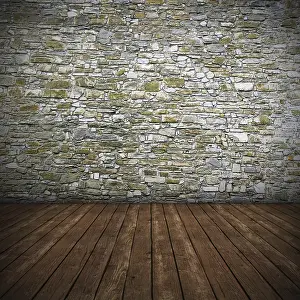 Digitally Generated Image Drucke: Empty interior with stone wall, 3D render
