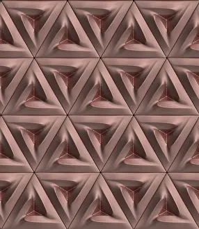 Minimalist Decorative Item Drucke: An intricate 3D geometric pattern featuring triangular shapes in neutral tones creates a modern