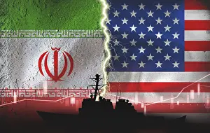 Middle East Politics Drucke: Iran and US flags on a broken wall texture